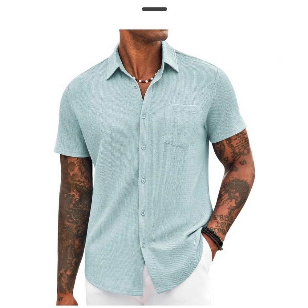 Coofandy Men's 3XL Short Sleeve Waffle Knit Button Down Shirt Summer Beach Tops